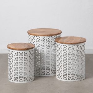 Set tre tavolini tondi in legno bianco e naturale