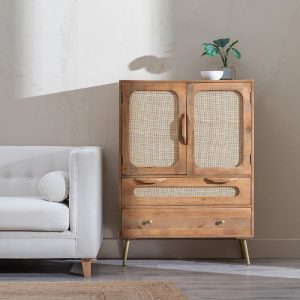 Mobile porta tv vintage legno massiccio e rattan