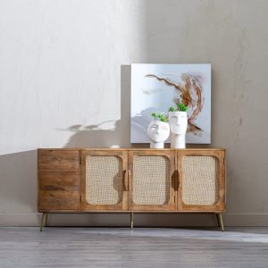 Mobile porta tv vintage legno massiccio e rattan